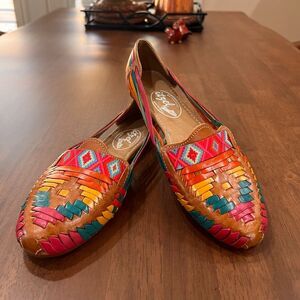 Women’s Woven Leather Huarache Flats Colorful SlipOn Sandals US 7 Artisan Mexico